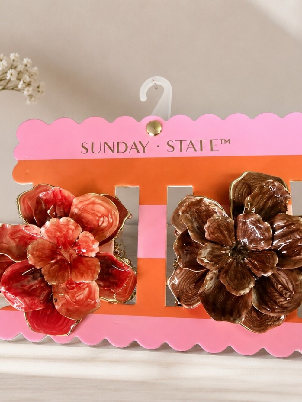 Sunday State Floral Hair Clips Enamel Flower Gold Tone Set of 2,  NWT